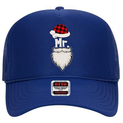 Funny Mr And Mrs Claus Couples Matching Christmas Santa Red Plaid High Crown Mesh Back Trucker Hat