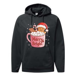 Funny Merry And Bright Christmas Gingerbread Man Hot Cocoa Performance Fleece Hoodie