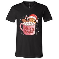 Funny Merry And Bright Christmas Gingerbread Man Hot Cocoa V-Neck T-Shirt