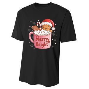 Funny Merry And Bright Christmas Gingerbread Man Hot Cocoa Performance Sprint T-Shirt