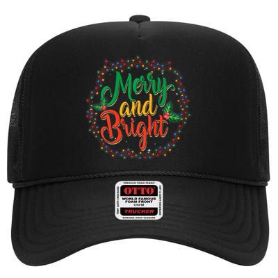 Funny Merry And Bright Christmas Lights Family Xmas Holidays Premium High Crown Mesh Back Trucker Hat