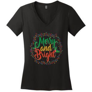 Funny Merry And Bright Christmas Lights Family Xmas Holidays Premium Women's V-Neck T-Shirt