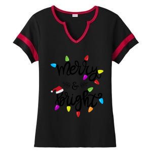 Funny Merry And Bright Christmas Lights Gift Ladies Halftime Notch Neck Tee