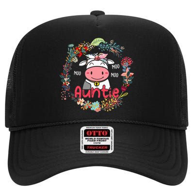 Funny Moo Auntie Cute Cow Bow Tie Flowers Happy Mother's Day High Crown Mesh Back Trucker Hat