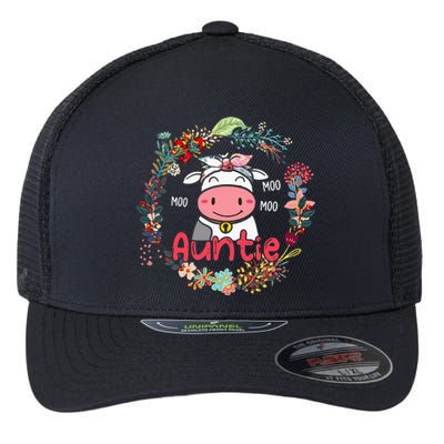 Funny Moo Auntie Cute Cow Bow Tie Flowers Happy Mother's Day Flexfit Unipanel Trucker Cap