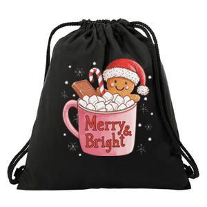 Funny Merry And Bright Christmas Gingerbread Man Hot Cocoa Drawstring Bag