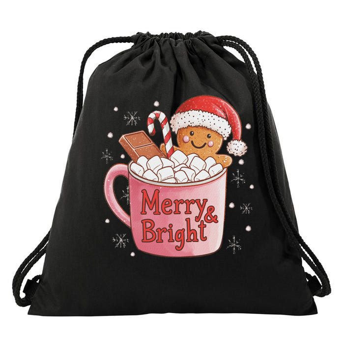 Funny Merry And Bright Christmas Gingerbread Man Hot Cocoa Drawstring Bag