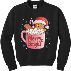 Funny Merry And Bright Christmas Gingerbread Man Hot Cocoa Kids Sweatshirt