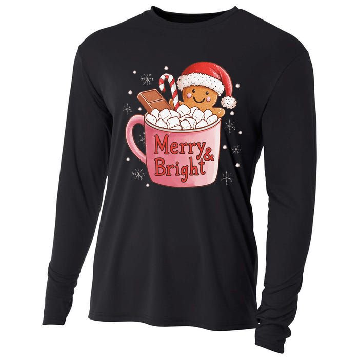 Funny Merry And Bright Christmas Gingerbread Man Hot Cocoa Gift Cooling Performance Long Sleeve Crew