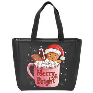 Funny Merry And Bright Christmas Gingerbread Man Hot Cocoa Gift Zip Tote Bag