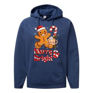 Funny Merry And Bright Christmas Gingerbread Man Hot Cocoa Performance Fleece Hoodie