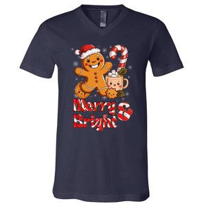 Funny Merry And Bright Christmas Gingerbread Man Hot Cocoa V-Neck T-Shirt