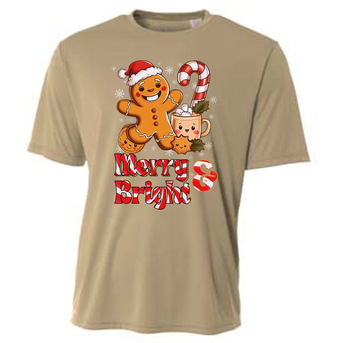 Funny Merry And Bright Christmas Gingerbread Man Hot Cocoa Cooling Performance Crew T-Shirt