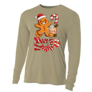 Funny Merry And Bright Christmas Gingerbread Man Hot Cocoa Cooling Performance Long Sleeve Crew