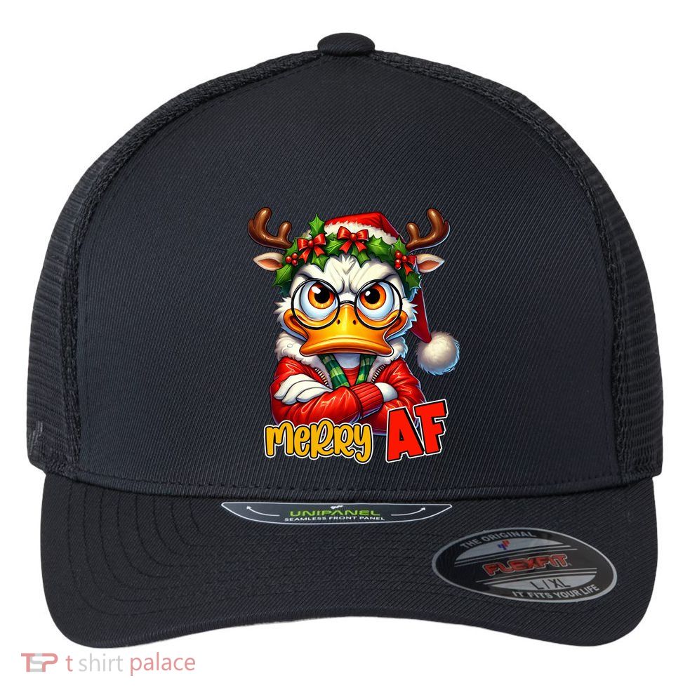 Funny Merry Af Sarcastic Grumpy Duck Christmas Flexfit Unipanel Trucker Cap