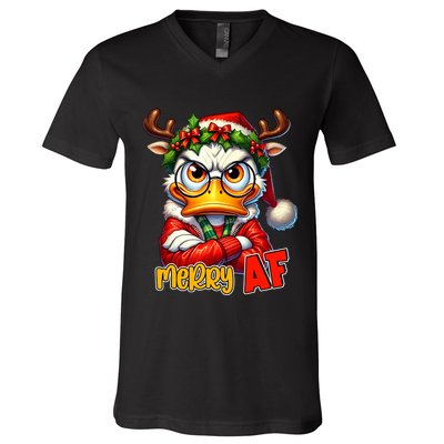 Funny Merry Af Sarcastic Grumpy Duck Christmas V-Neck T-Shirt