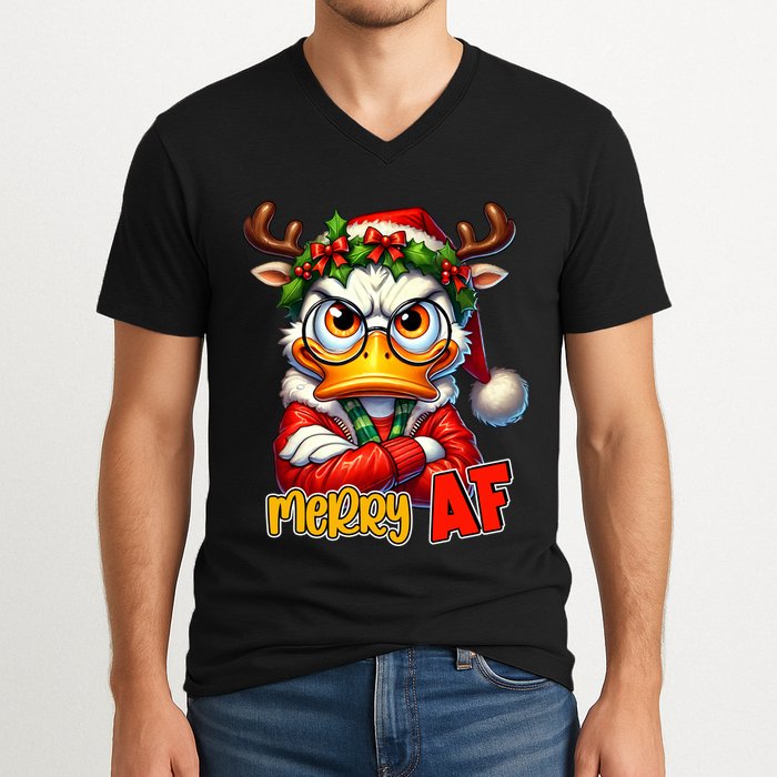 Funny Merry Af Sarcastic Grumpy Duck Christmas V-Neck T-Shirt