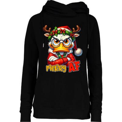 Funny Merry Af Sarcastic Grumpy Duck Christmas Womens Funnel Neck Pullover Hood