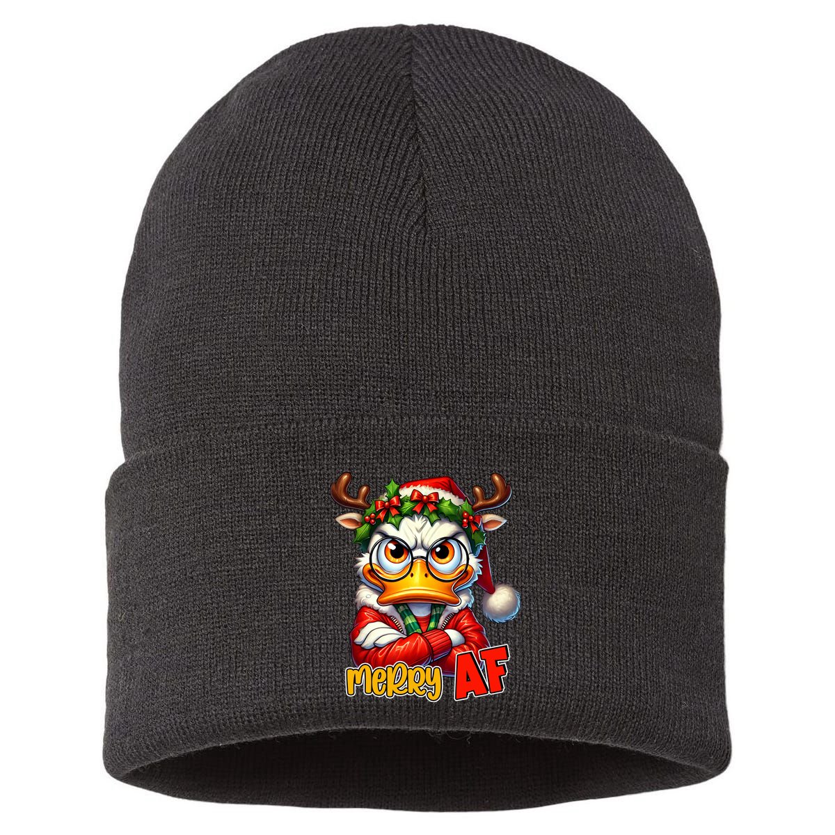 Funny Merry Af Sarcastic Grumpy Duck Christmas Sustainable Knit Beanie