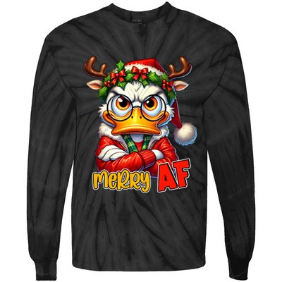 Funny Merry Af Sarcastic Grumpy Duck Christmas Tie-Dye Long Sleeve Shirt