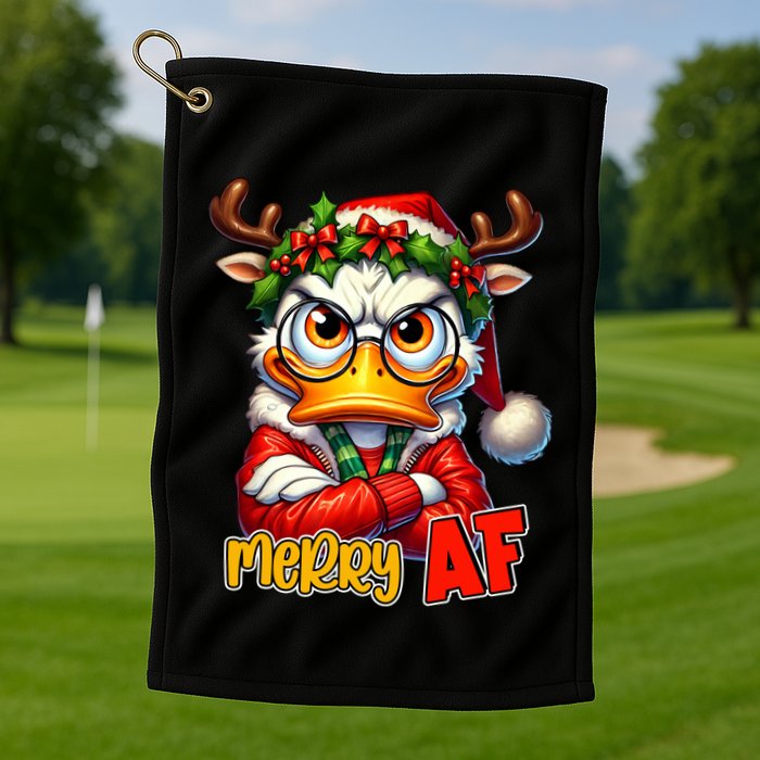 Funny Merry Af Sarcastic Grumpy Duck Christmas Golf Towel