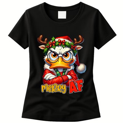 Funny Merry Af Sarcastic Grumpy Duck Christmas Womens T-Shirt
