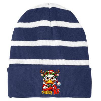 Funny Merry Af Sarcastic Grumpy Duck Christmas Striped Beanie with Solid Band