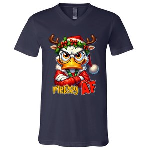 Funny Merry Af Sarcastic Grumpy Duck Christmas V-Neck T-Shirt