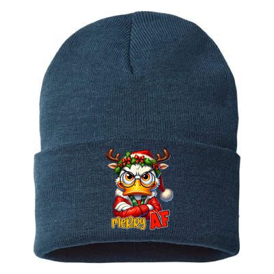 Funny Merry Af Sarcastic Grumpy Duck Christmas Sustainable Knit Beanie