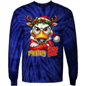 Funny Merry Af Sarcastic Grumpy Duck Christmas Tie-Dye Long Sleeve Shirt