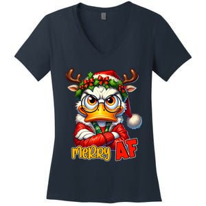 Funny Merry Af Sarcastic Grumpy Duck Christmas Women's V-Neck T-Shirt