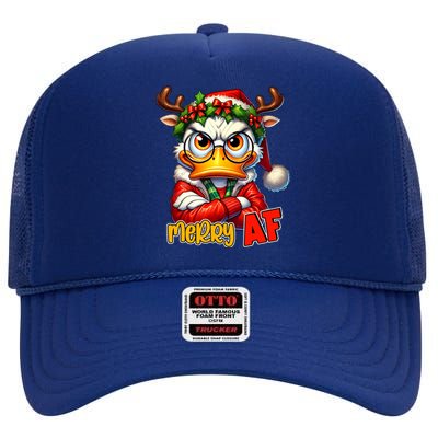 Funny Merry Af Sarcastic Grumpy Duck Christmas High Crown Mesh Back Trucker Hat