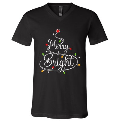 Funny Merry And Bright Christmas Lights Xmas Holiday V-Neck T-Shirt