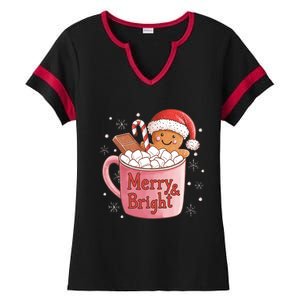 Funny Merry And Bright Christmas Gingerbread Man Hot Cocoa Ladies Halftime Notch Neck Tee