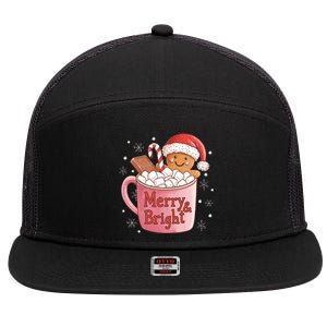 Funny Merry And Bright Christmas Gingerbread Man Hot Cocoa 7 Panel Mesh Trucker Snapback Hat