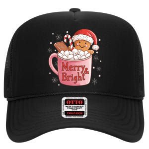 Funny Merry And Bright Christmas Gingerbread Man Hot Cocoa High Crown Mesh Back Trucker Hat