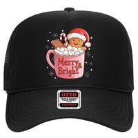 Funny Merry And Bright Christmas Gingerbread Man Hot Cocoa High Crown Mesh Back Trucker Hat