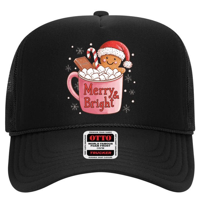 Funny Merry And Bright Christmas Gingerbread Man Hot Cocoa High Crown Mesh Back Trucker Hat