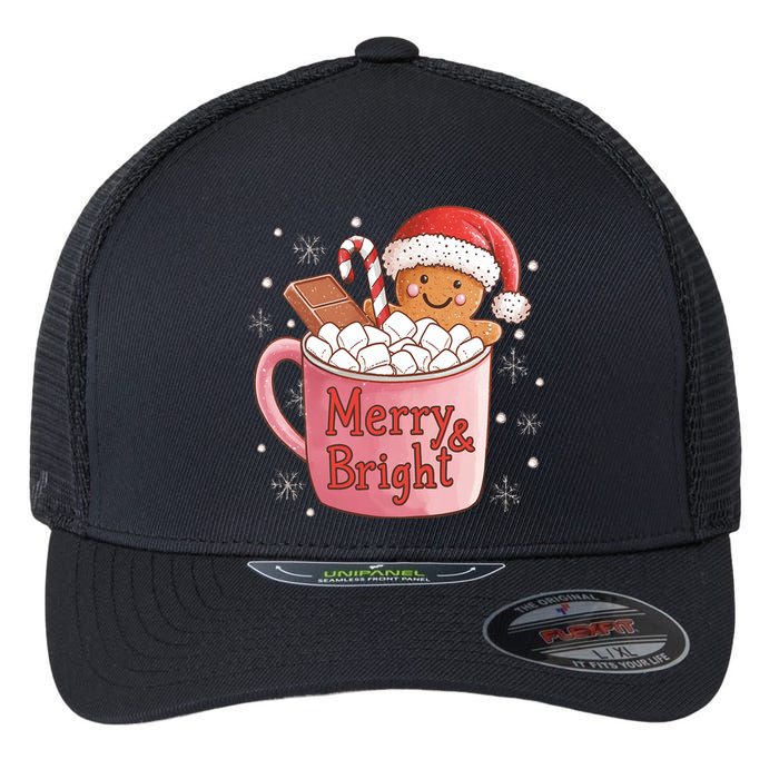 Funny Merry And Bright Christmas Gingerbread Man Hot Cocoa Flexfit Unipanel Trucker Cap