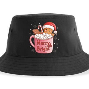 Funny Merry And Bright Christmas Gingerbread Man Hot Cocoa Sustainable Bucket Hat