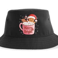 Funny Merry And Bright Christmas Gingerbread Man Hot Cocoa Sustainable Bucket Hat