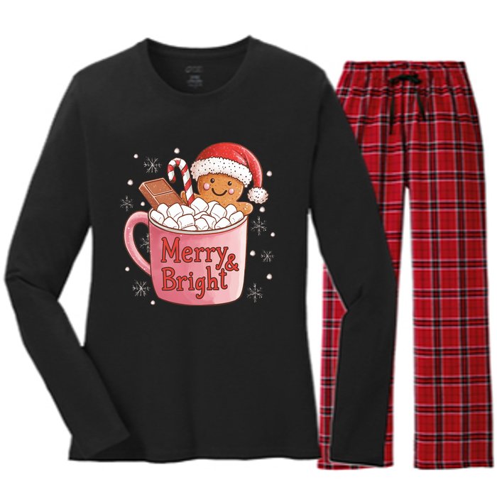 Funny Merry And Bright Christmas Gingerbread Man Hot Cocoa Women's Long Sleeve Flannel Pajama Set 