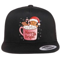 Funny Merry And Bright Christmas Gingerbread Man Hot Cocoa Flat Bill Trucker Hat