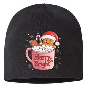 Funny Merry And Bright Christmas Gingerbread Man Hot Cocoa Sustainable Beanie