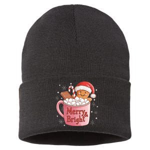 Funny Merry And Bright Christmas Gingerbread Man Hot Cocoa Sustainable Knit Beanie