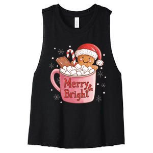 Funny Merry And Bright Christmas Gingerbread Man Hot Cocoa Women's Racerback Cropped Tank