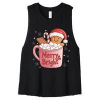 Funny Merry And Bright Christmas Gingerbread Man Hot Cocoa Women's Racerback Cropped Tank