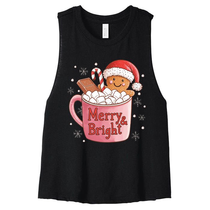 Funny Merry And Bright Christmas Gingerbread Man Hot Cocoa Women's Racerback Cropped Tank