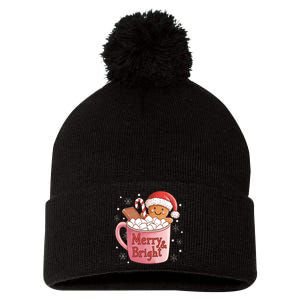 Funny Merry And Bright Christmas Gingerbread Man Hot Cocoa Pom Pom 12in Knit Beanie