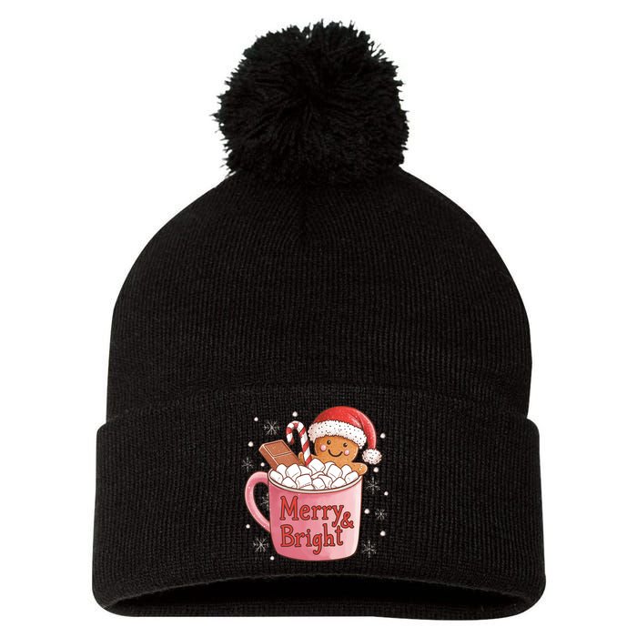 Funny Merry And Bright Christmas Gingerbread Man Hot Cocoa Pom Pom 12in Knit Beanie